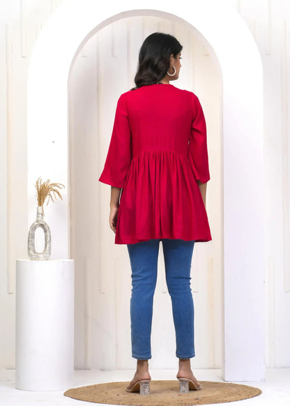 Rani Pink Embroidered Round Neck Maternity-Friendly Empire Top with 3/4th Sleeves | Soft Cotton Casual Wear – Lamenda