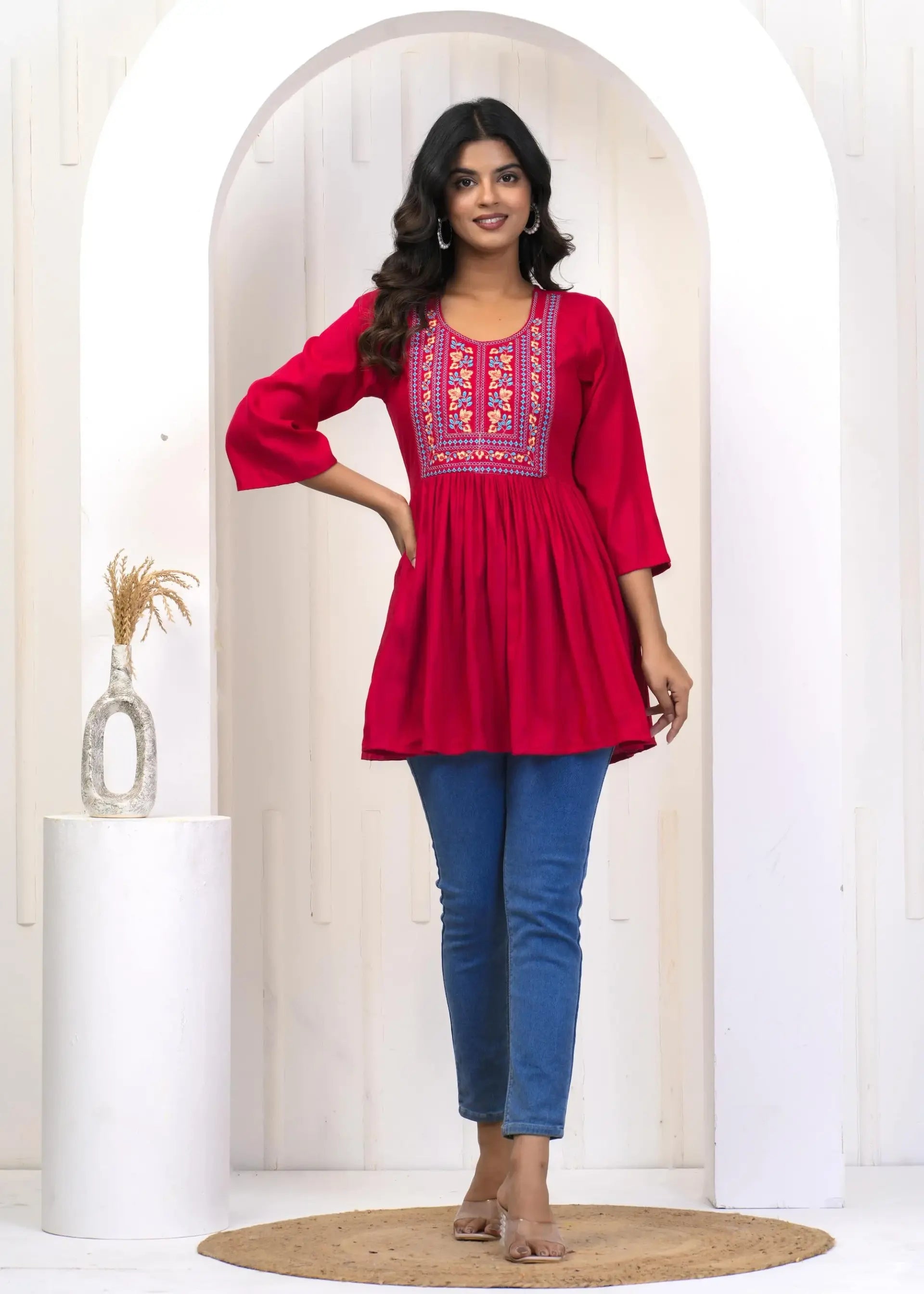 Rani Pink Embroidered Round Neck Maternity-Friendly Empire Top with 3/4th Sleeves | Soft Cotton Casual Wear – Lamenda