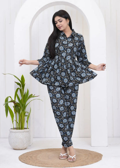Black & Blue Floral Printed Coord Set | Peplum Top & Tapered Pants – Lamenda