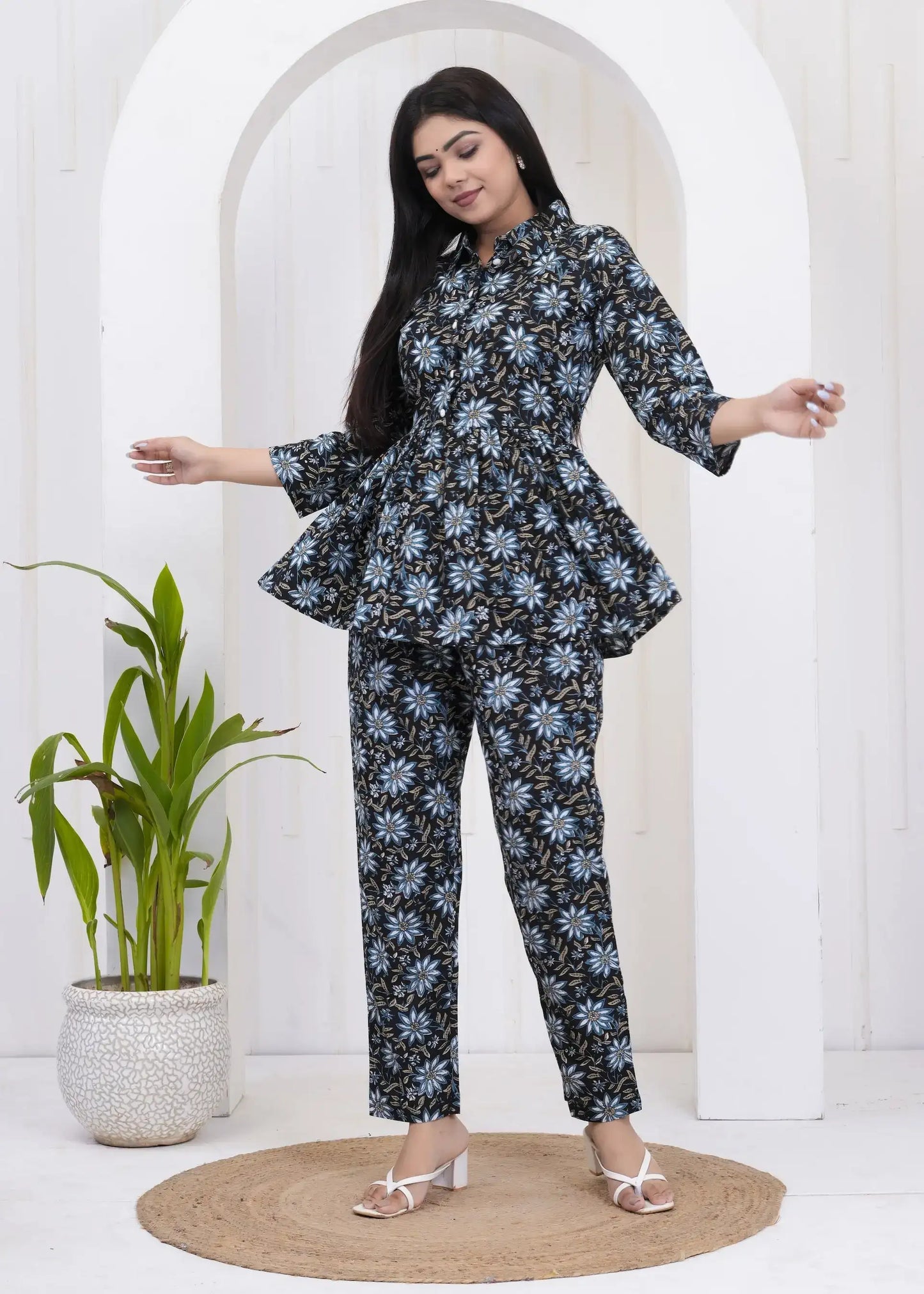 Black & Blue Floral Printed Coord Set | Peplum Top & Tapered Pants – Lamenda