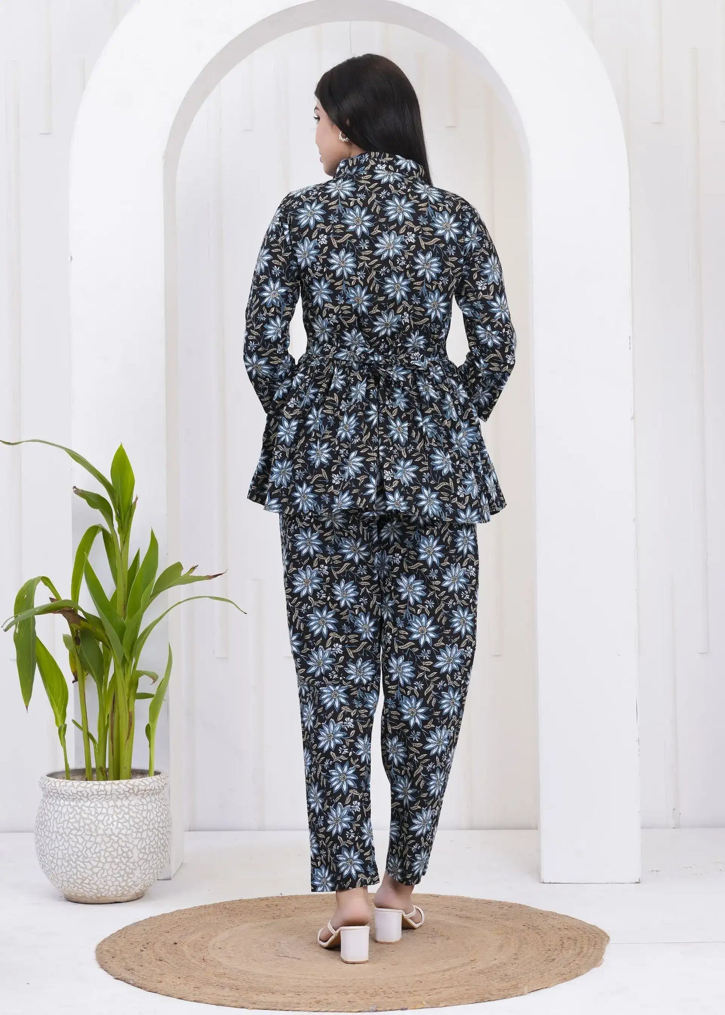 Black & Blue Floral Printed Coord Set | Peplum Top & Tapered Pants – Lamenda