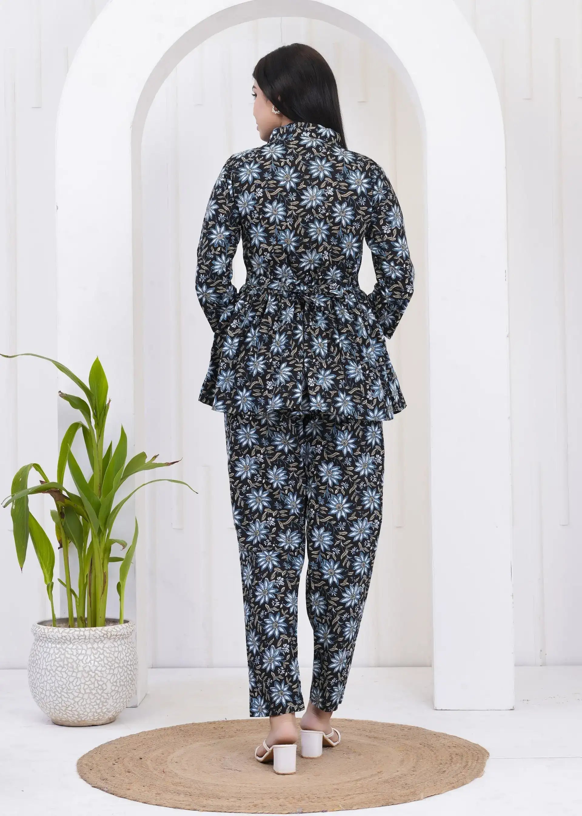 Black & Blue Floral Printed Coord Set | Peplum Top & Tapered Pants – Lamenda