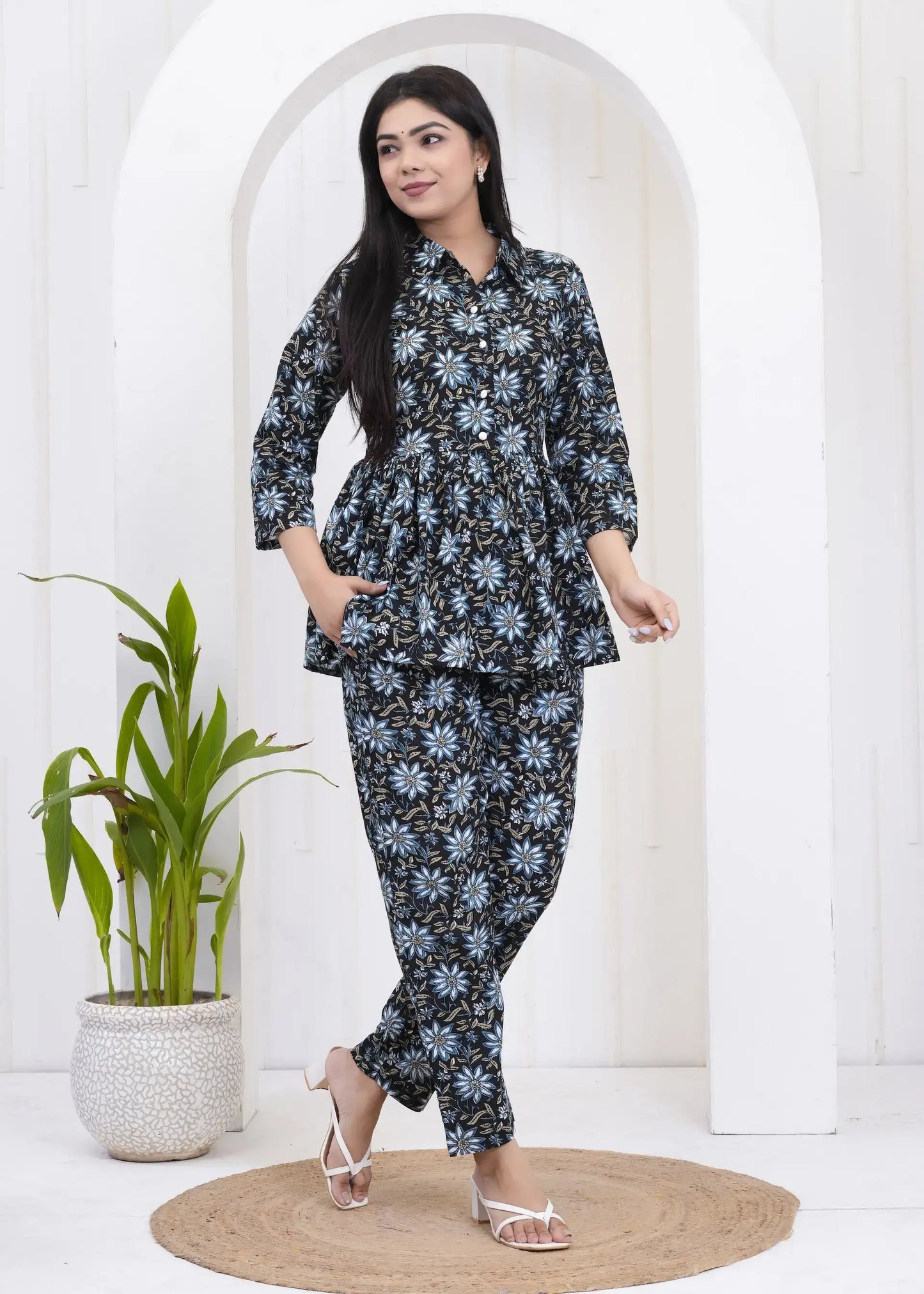 Black & Blue Floral Printed Coord Set | Peplum Top & Tapered Pants – Lamenda