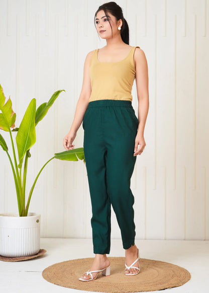 Solid Green Straight Cotton Pants with Pockets | Everyday Comfort Bottomwear – Lamenda