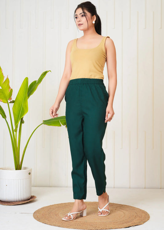 Solid Green Straight Cotton Pants with Pockets | Everyday Comfort Bottomwear – Lamenda