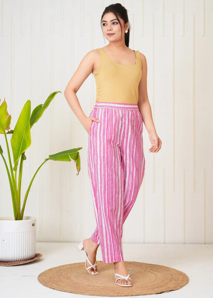 Lamenda Pink & White Vertical Stripe Straight Cotton Pants with Pockets | Casual Summer Bottomwear – Lamenda