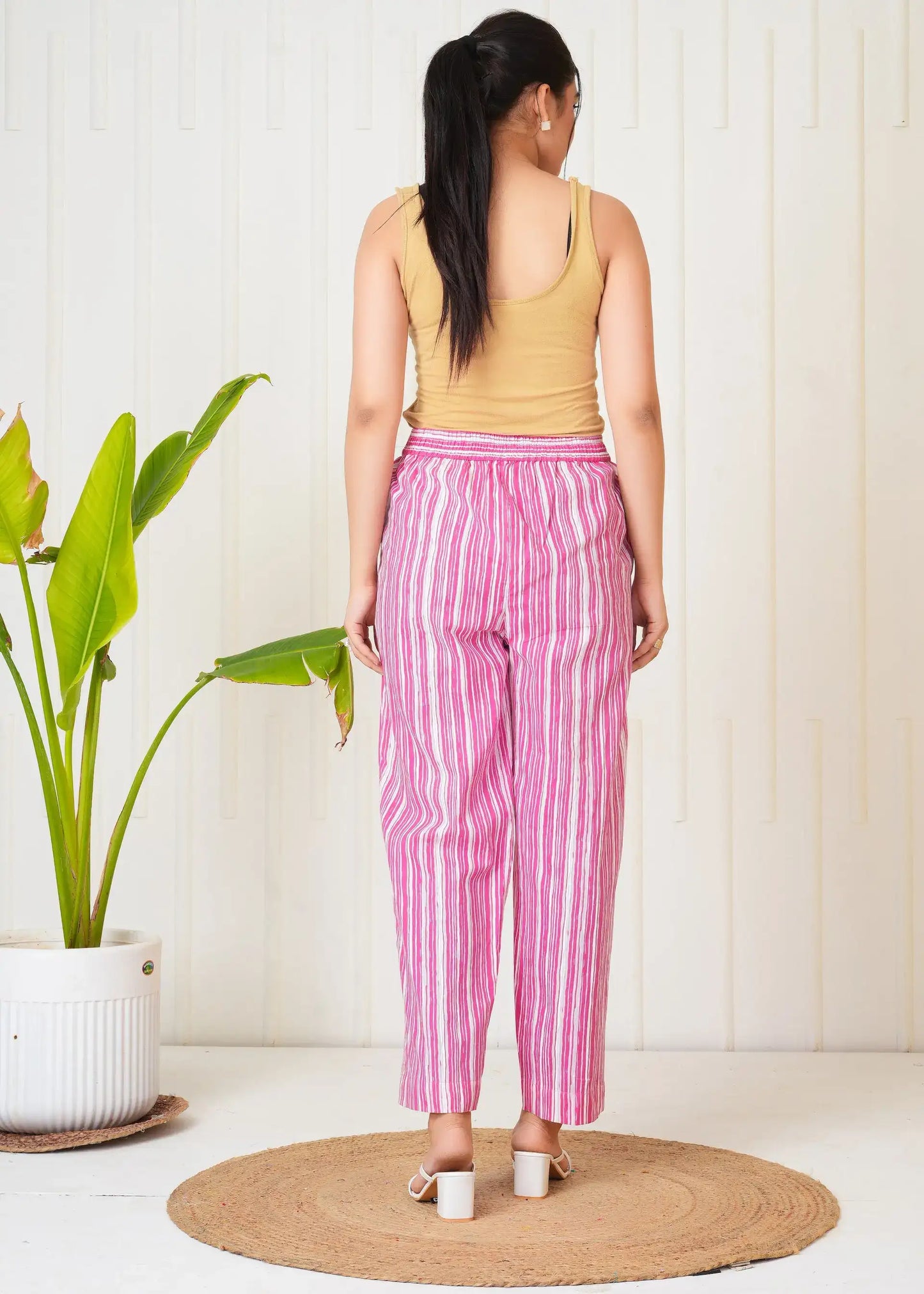 Lamenda Pink & White Vertical Stripe Straight Cotton Pants with Pockets | Casual Summer Bottomwear – Lamenda