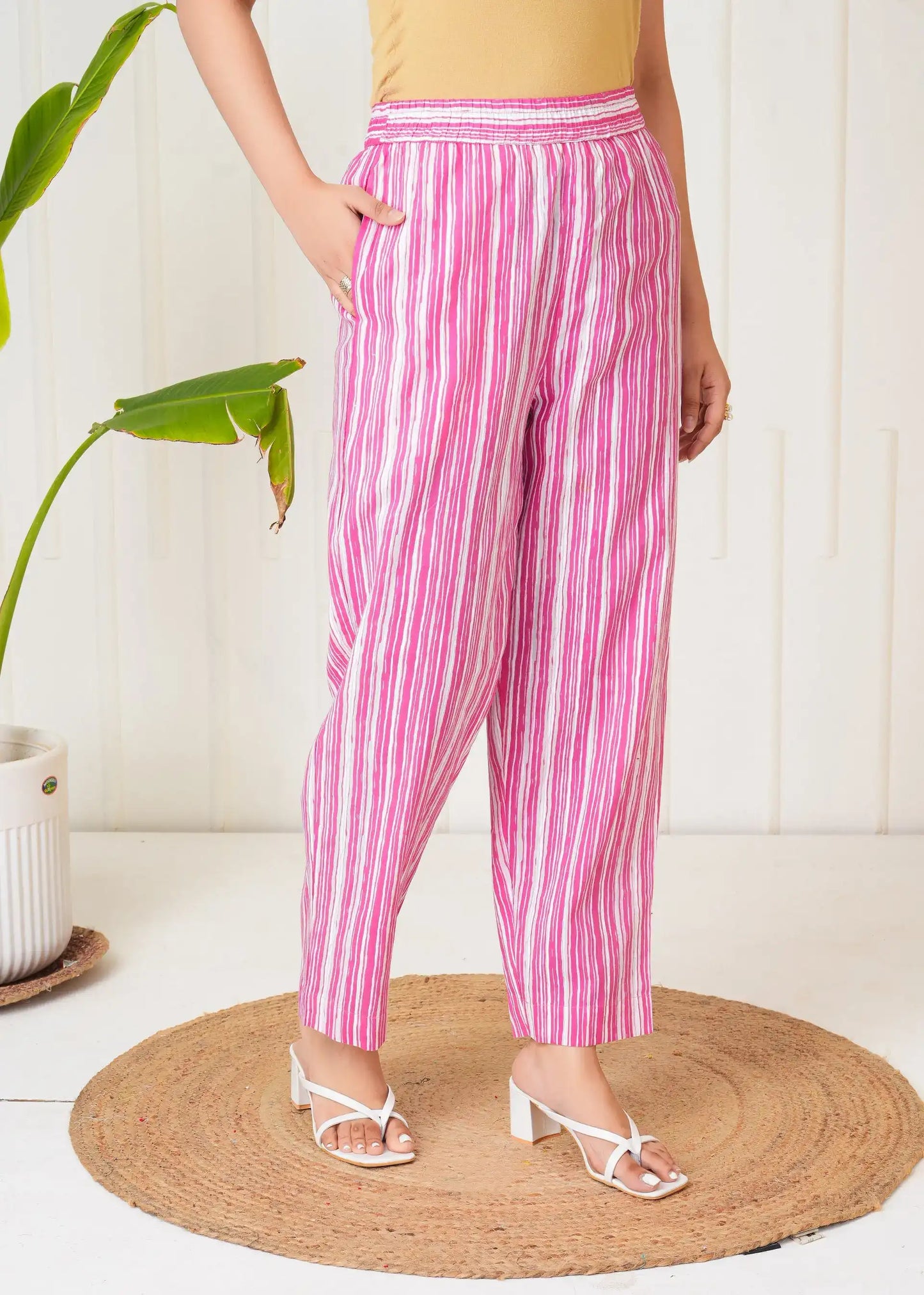 Lamenda Pink & White Vertical Stripe Straight Cotton Pants with Pockets | Casual Summer Bottomwear – Lamenda
