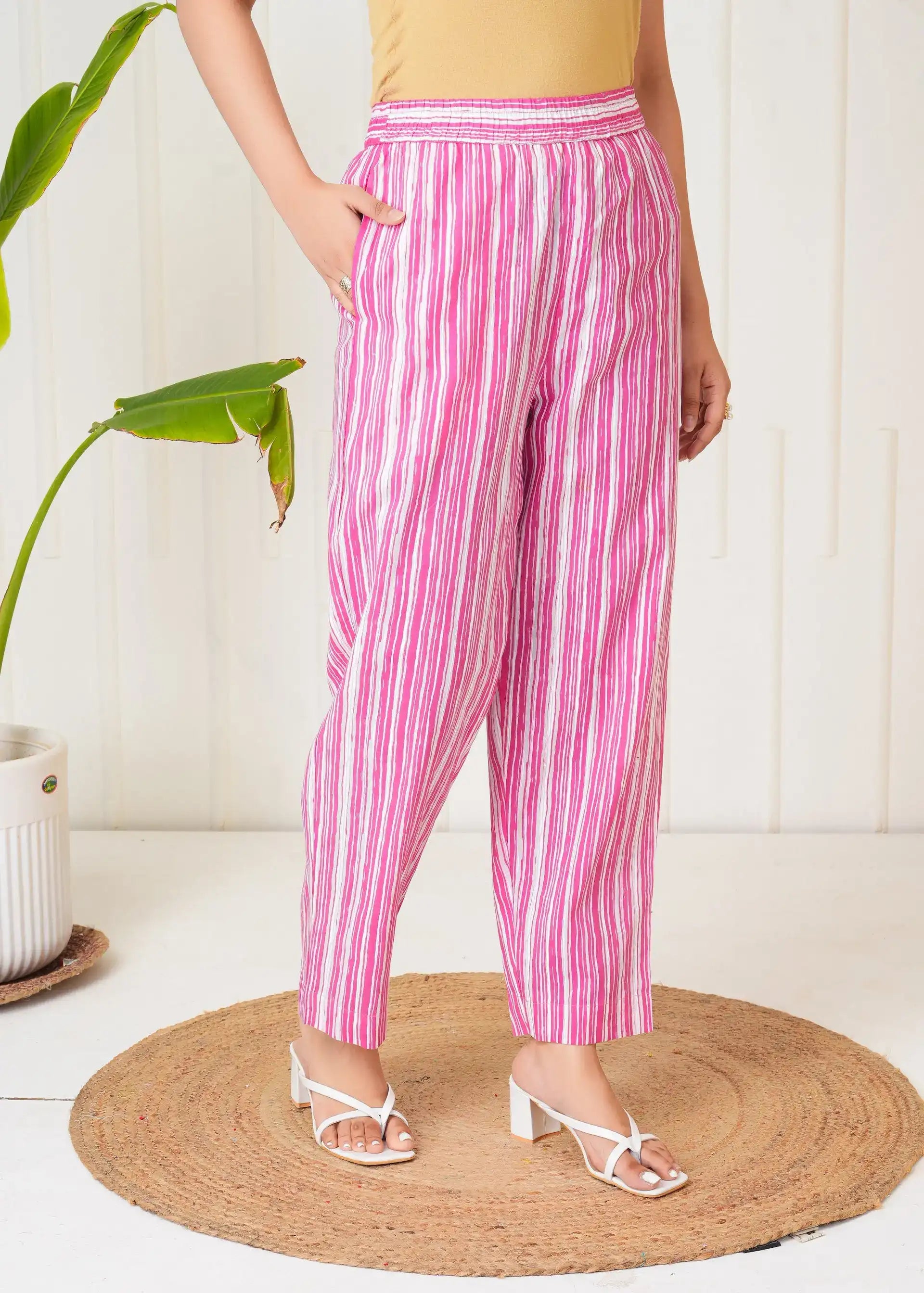 Lamenda Pink & White Vertical Stripe Straight Cotton Pants with Pockets | Casual Summer Bottomwear – Lamenda