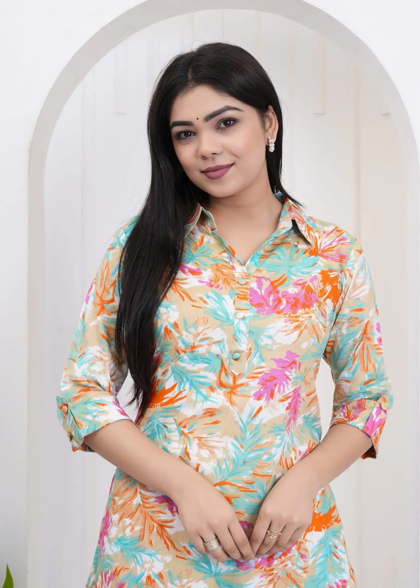 Tropical Print Cotton Kurta Set with Shirt Collar & 3/4 Sleeves | Coordinated Casual Wear – Lamenda