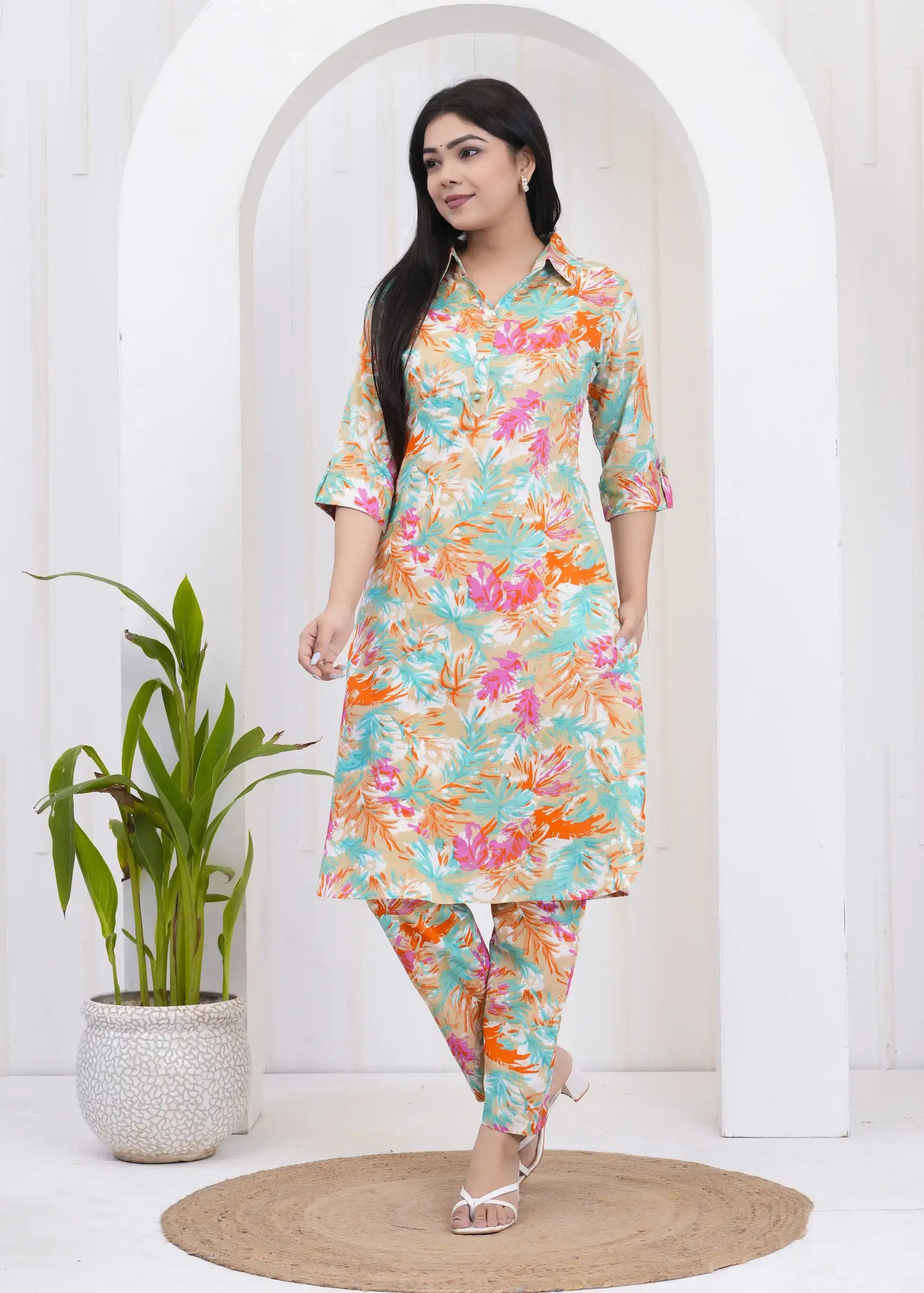 Tropical Print Cotton Kurta Set with Shirt Collar & 3/4 Sleeves | Coordinated Casual Wear – Lamenda