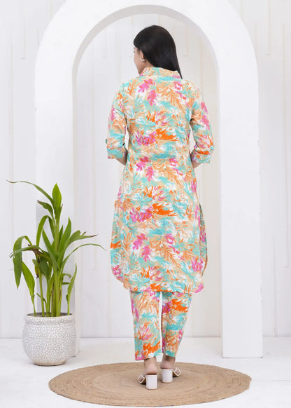Tropical Print Cotton Kurta Set with Shirt Collar & 3/4 Sleeves | Coordinated Casual Wear – Lamenda