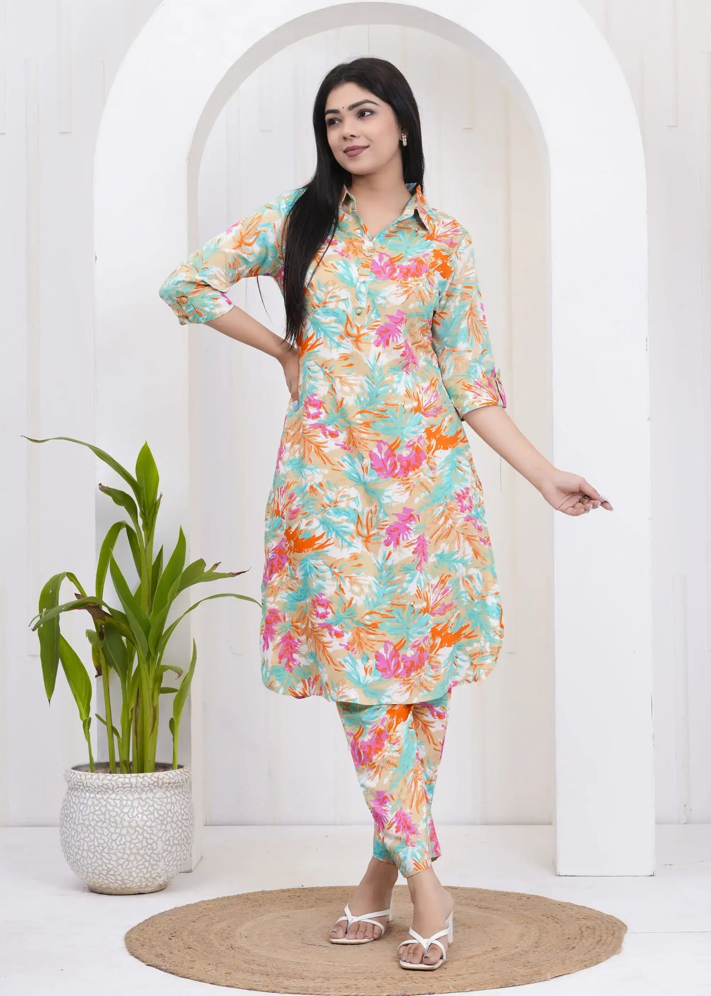 Tropical Print Cotton Kurta Set with Shirt Collar & 3/4 Sleeves | Coordinated Casual Wear – Lamenda