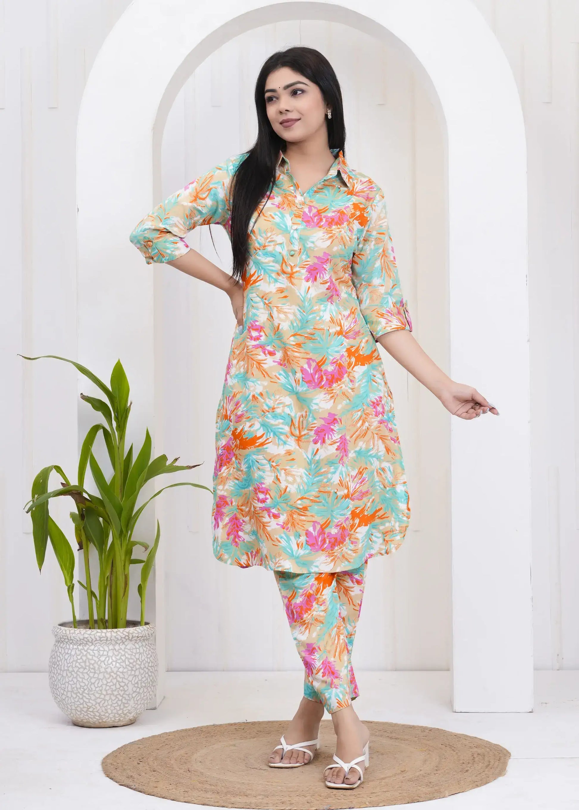 Tropical Print Cotton Kurta Set with Shirt Collar & 3/4 Sleeves | Coordinated Casual Wear – Lamenda