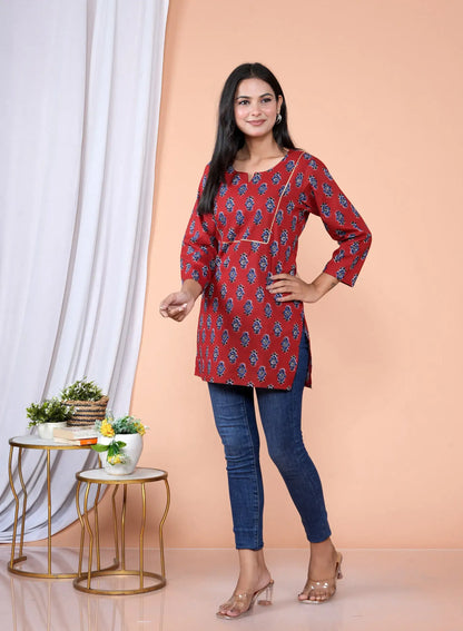 Maroon Block Print Tunic with Golden Piping | Cotton Casual Kurti Top – Lamenda