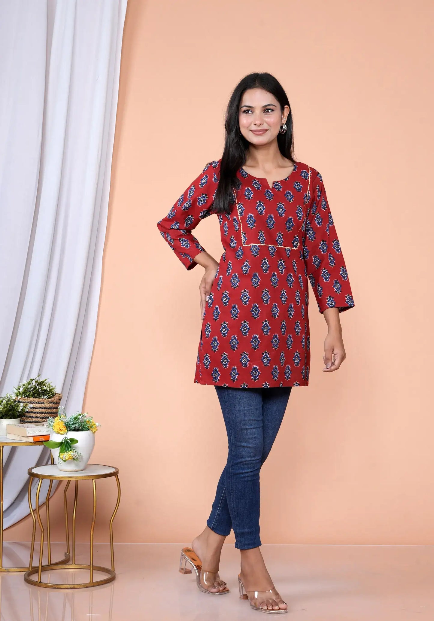 Maroon Block Print Tunic with Golden Piping | Cotton Casual Kurti Top – Lamenda