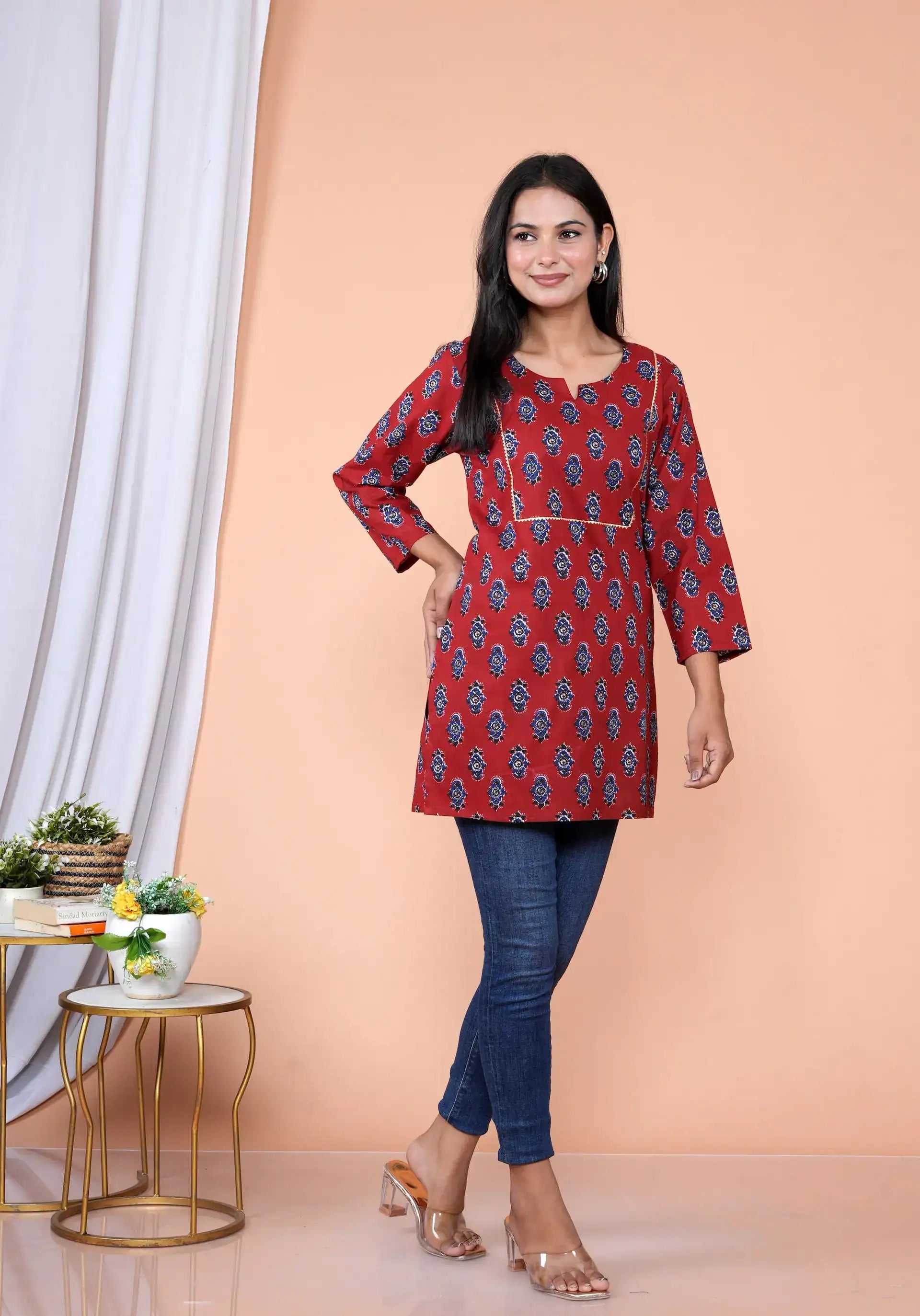 Maroon Block Print Tunic with Golden Piping | Cotton Casual Kurti Top – Lamenda