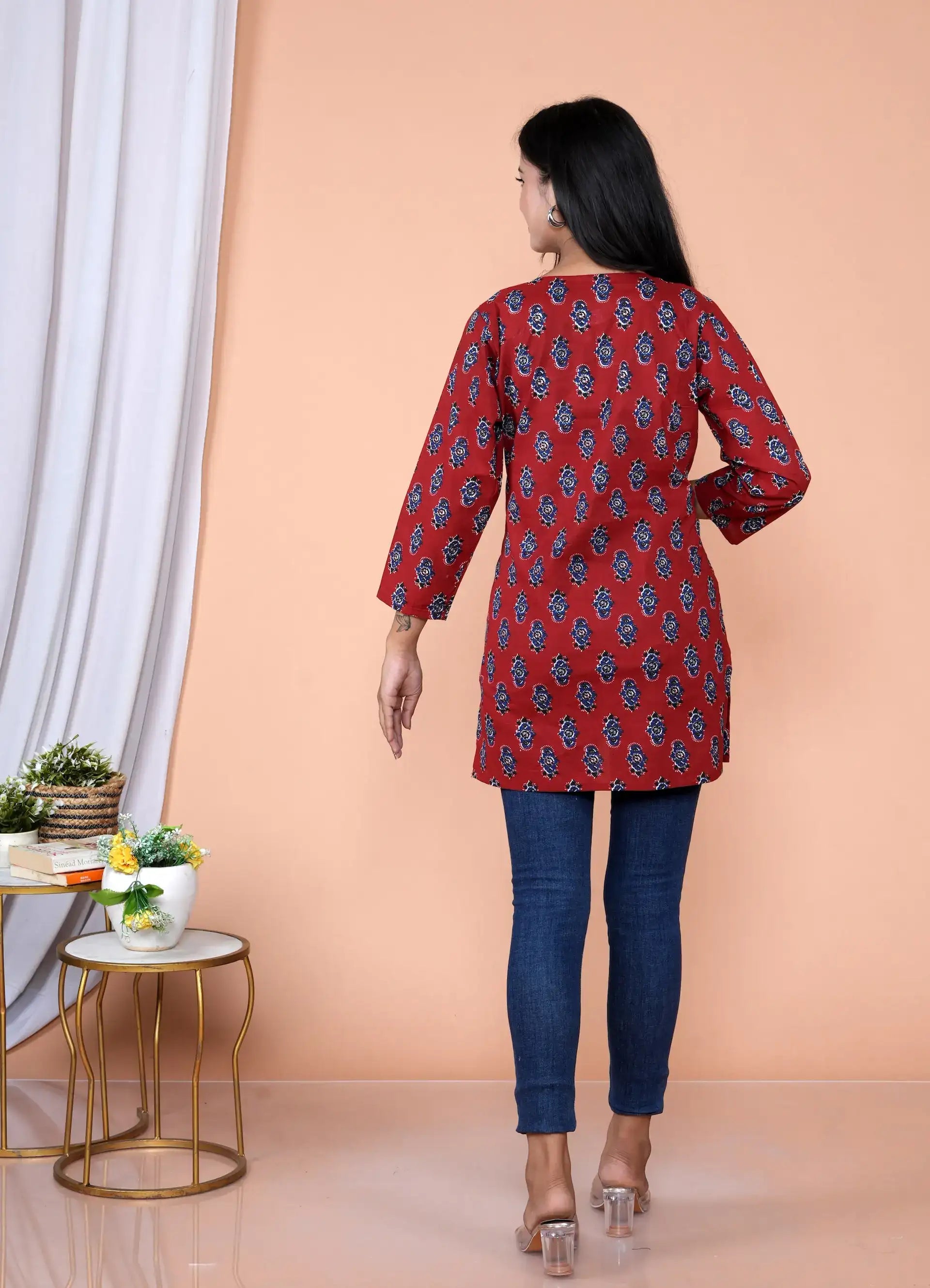 Maroon Block Print Tunic with Golden Piping | Cotton Casual Kurti Top – Lamenda