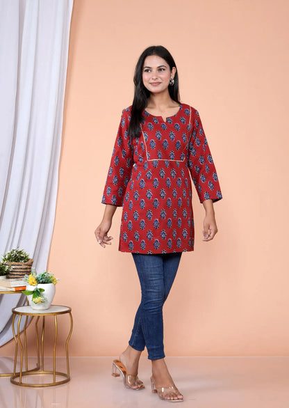 Maroon Block Print Tunic with Golden Piping | Cotton Casual Kurti Top – Lamenda