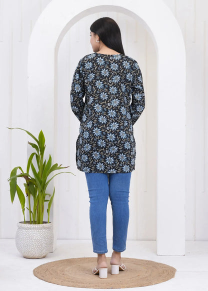 Black Floral Printed Tunic with Crochet Sleeves | Elegant Cotton Top – Lamenda
