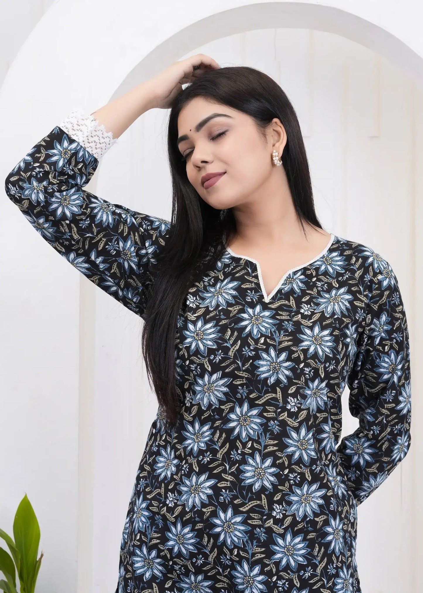 Black Floral Printed Tunic with Crochet Sleeves | Elegant Cotton Top – Lamenda