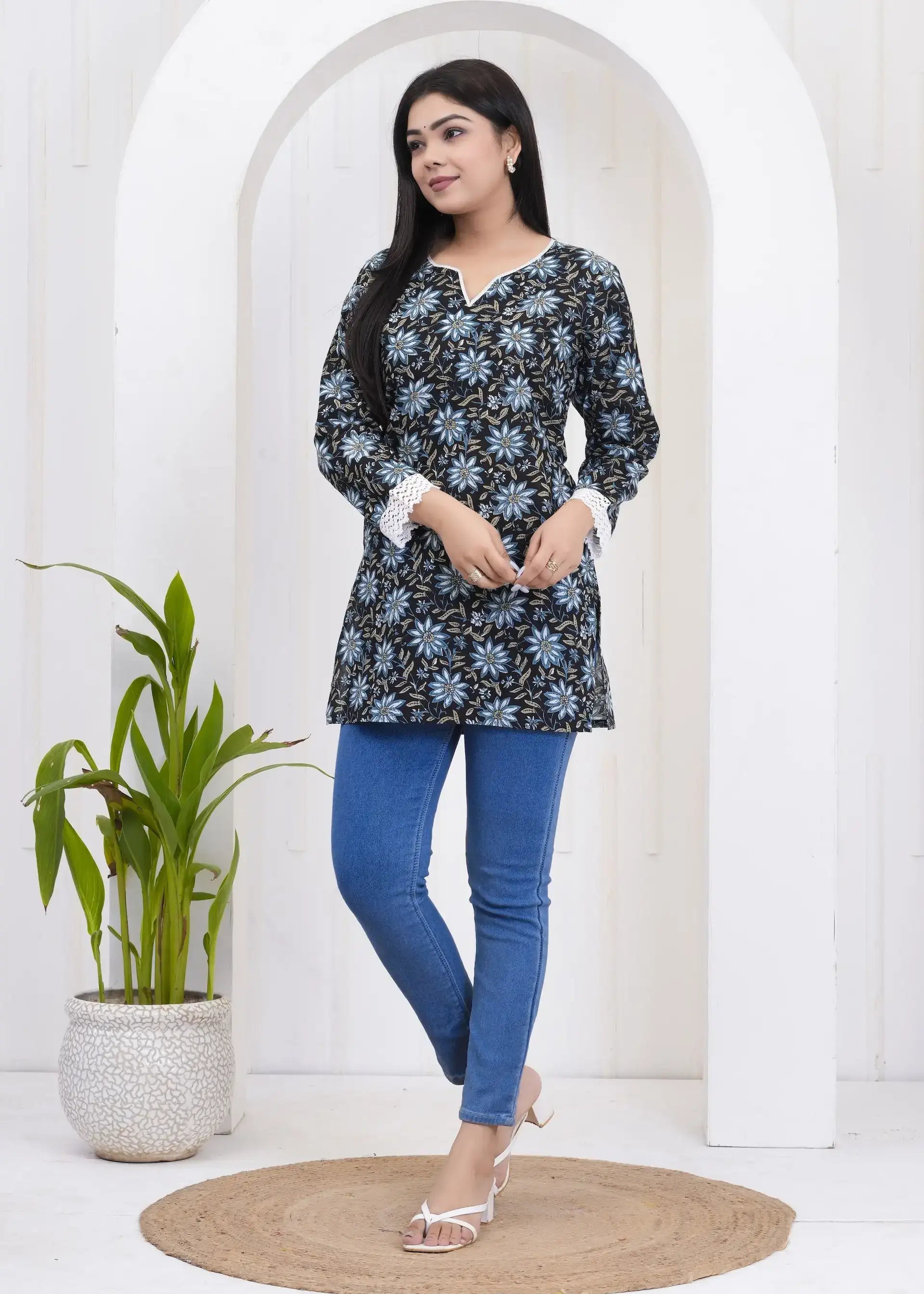 Black Floral Printed Tunic with Crochet Sleeves | Elegant Cotton Top – Lamenda
