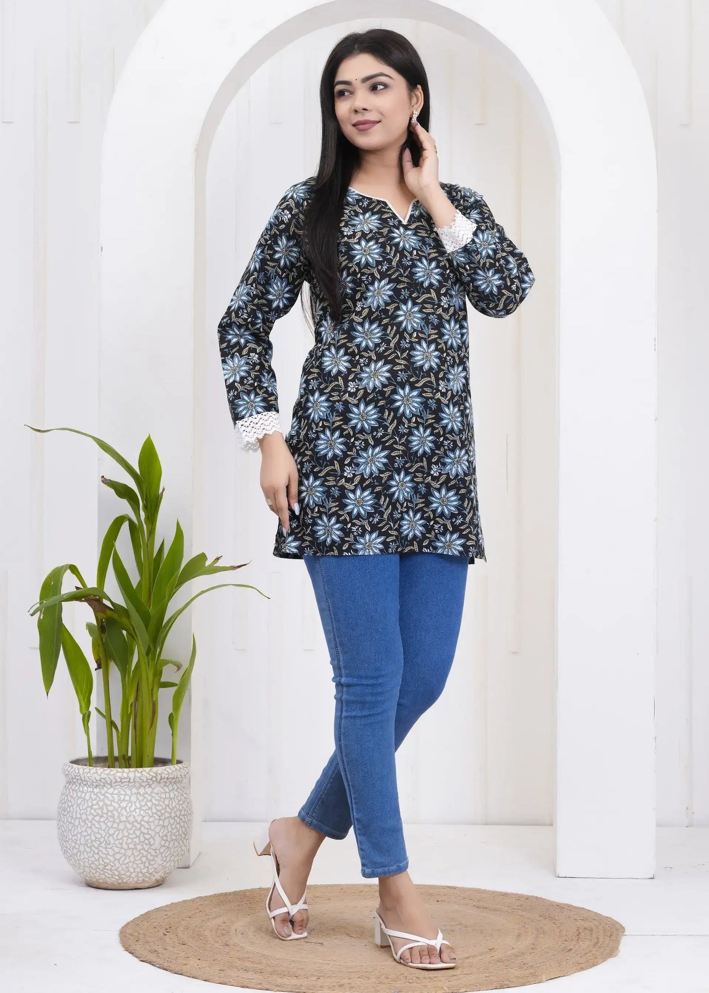 Black Floral Printed Tunic with Crochet Sleeves | Elegant Cotton Top – Lamenda
