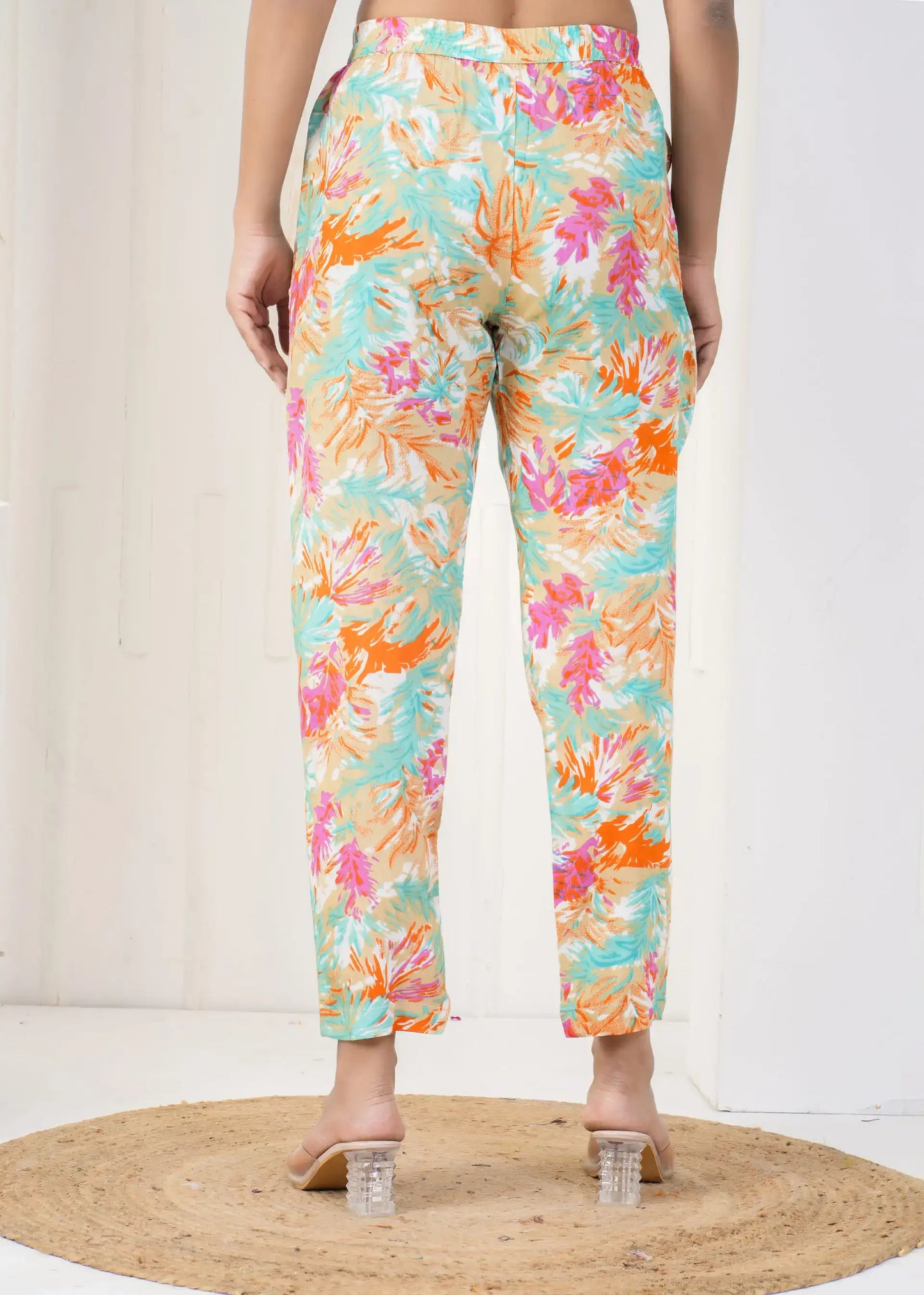 Tropical Beige Multicolor Printed Pants with Pockets | Breezy Cotton Casual Bottoms – Lamenda