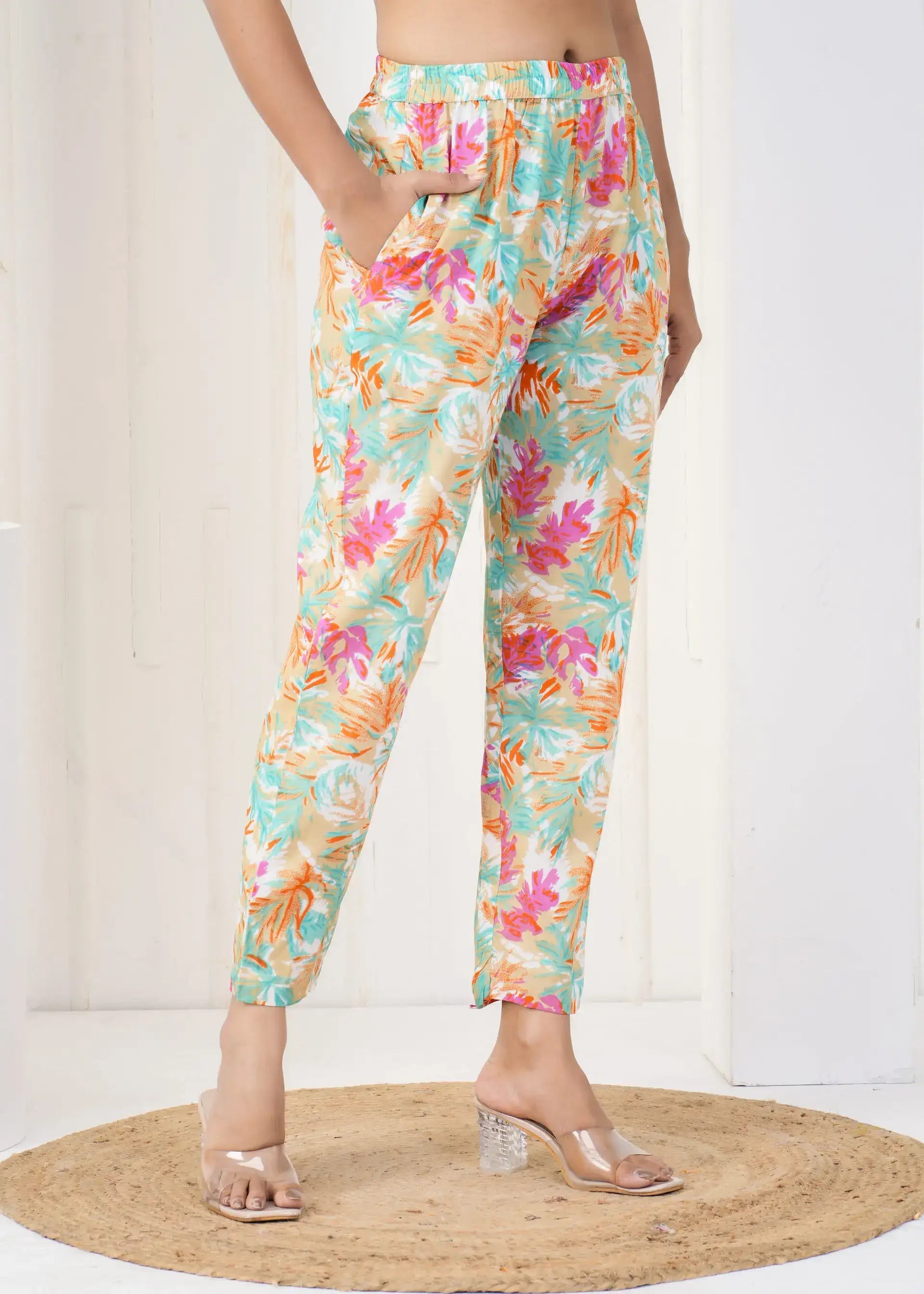 Tropical Beige Multicolor Printed Pants with Pockets | Breezy Cotton Casual Bottoms – Lamenda