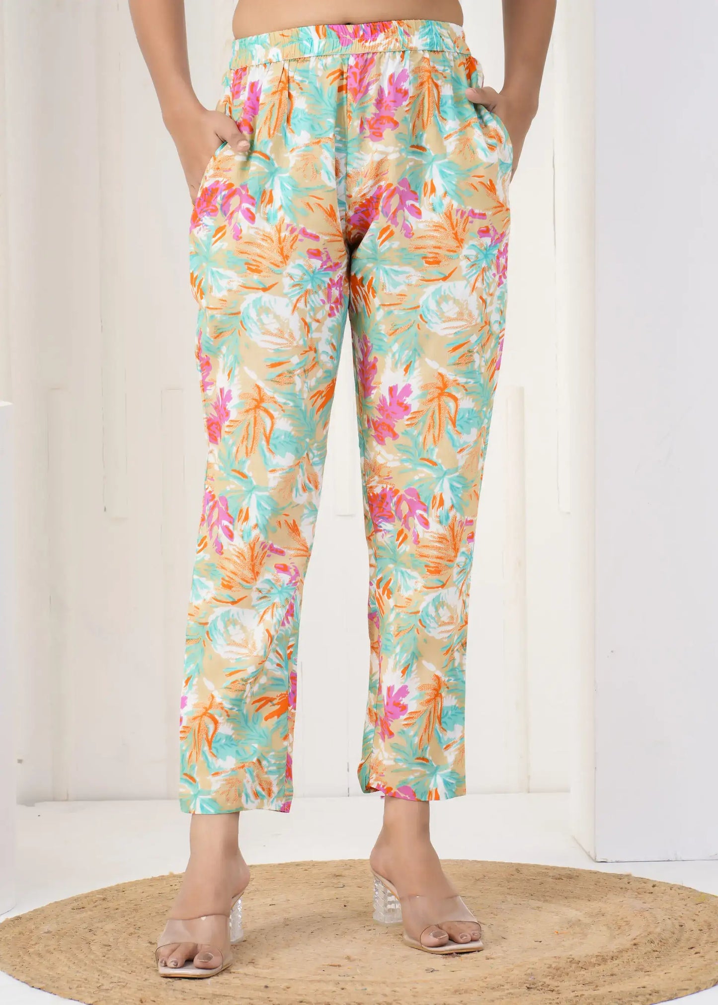 Tropical Beige Multicolor Printed Pants with Pockets | Breezy Cotton Casual Bottoms – Lamenda