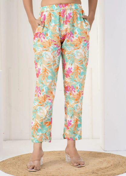Tropical Beige Multicolor Printed Pants with Pockets | Breezy Cotton Casual Bottoms – Lamenda