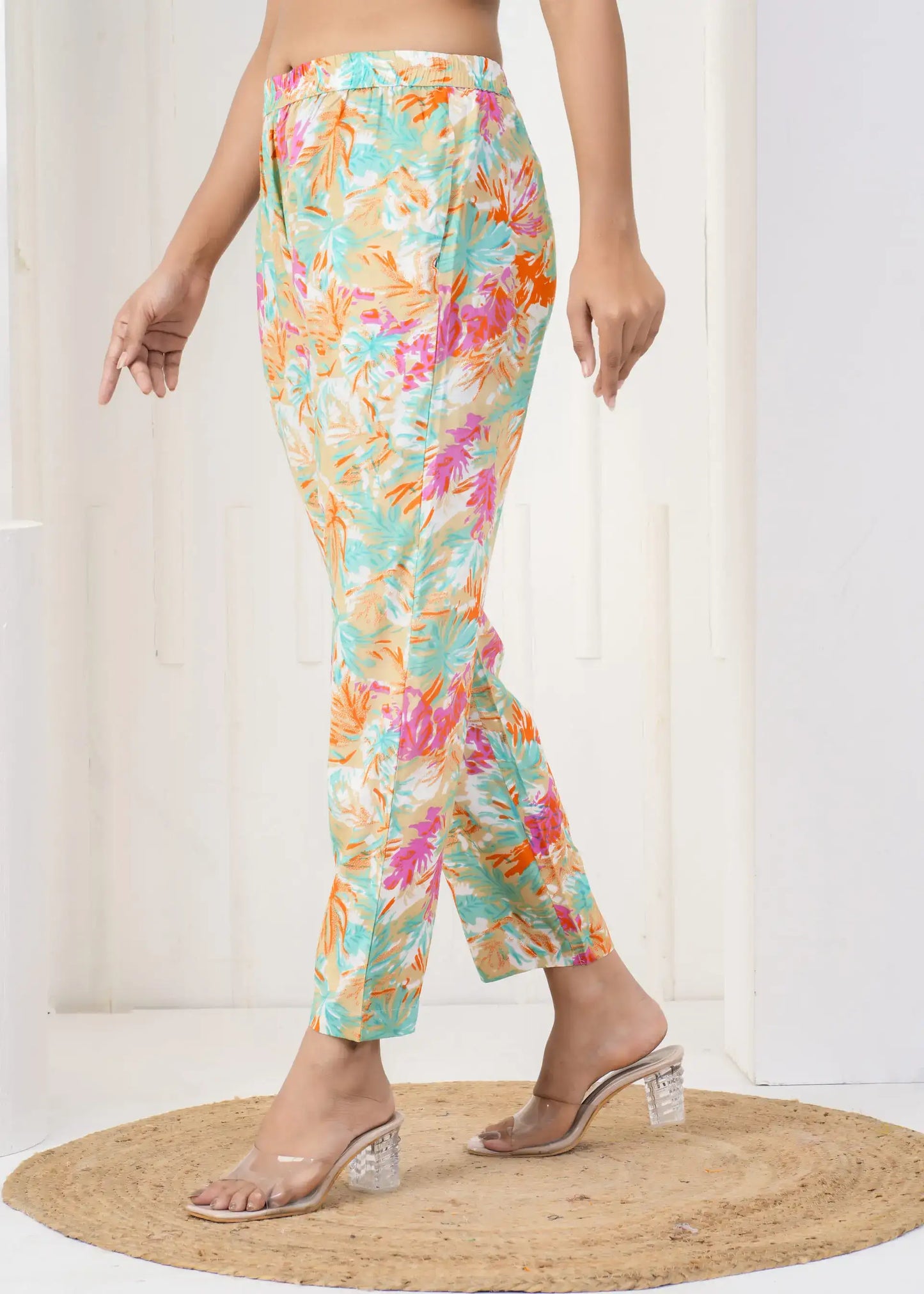 Tropical Beige Multicolor Printed Pants with Pockets | Breezy Cotton Casual Bottoms – Lamenda