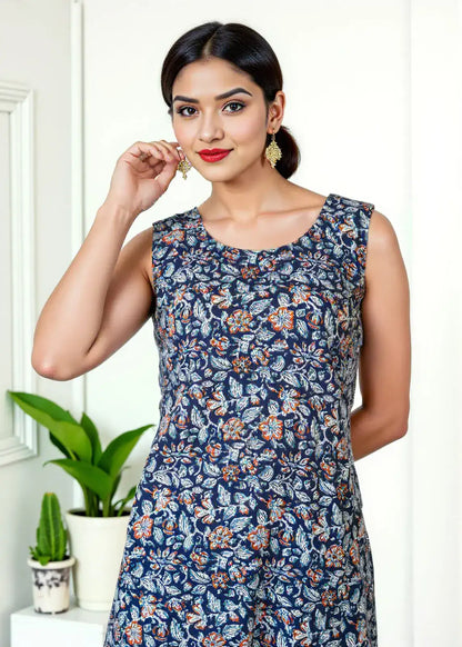 Lamenda Navy Blue Sleeveless Floral Printed Top | Breezy Cotton Summer Tunic – Lamenda