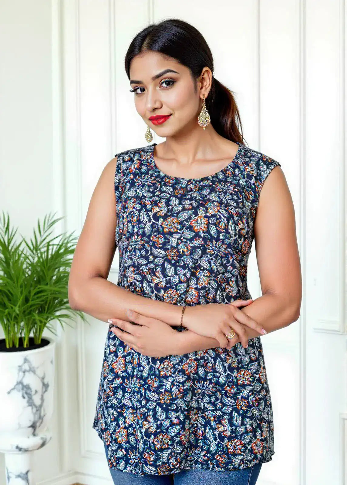 Lamenda Navy Blue Sleeveless Floral Printed Top | Breezy Cotton Summer Tunic – Lamenda