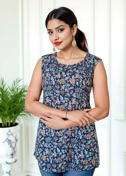 Lamenda Navy Blue Sleeveless Floral Printed Top | Breezy Cotton Summer Tunic – Lamenda