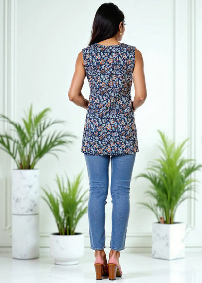 Lamenda Navy Blue Sleeveless Floral Printed Top | Breezy Cotton Summer Tunic – Lamenda