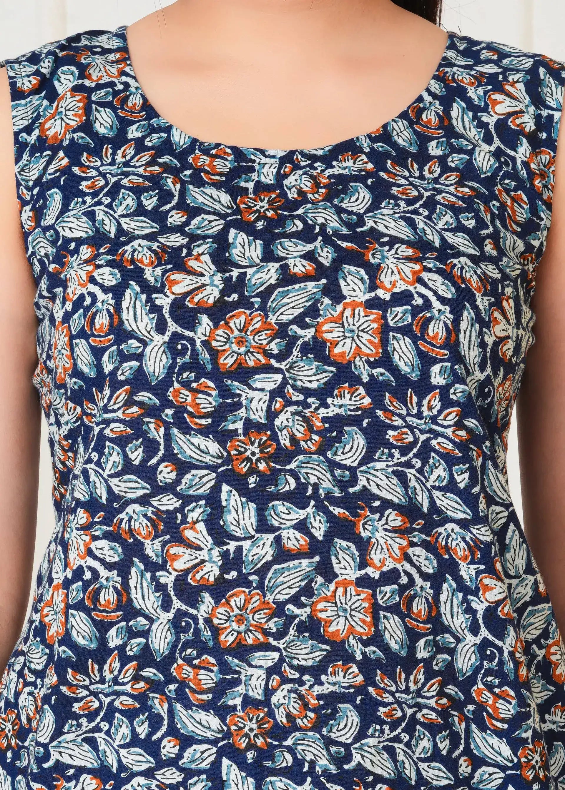 Lamenda Navy Blue Sleeveless Floral Printed Top | Breezy Cotton Summer Tunic – Lamenda