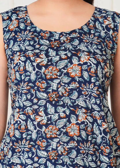 Lamenda Navy Blue Sleeveless Floral Printed Top | Breezy Cotton Summer Tunic – Lamenda