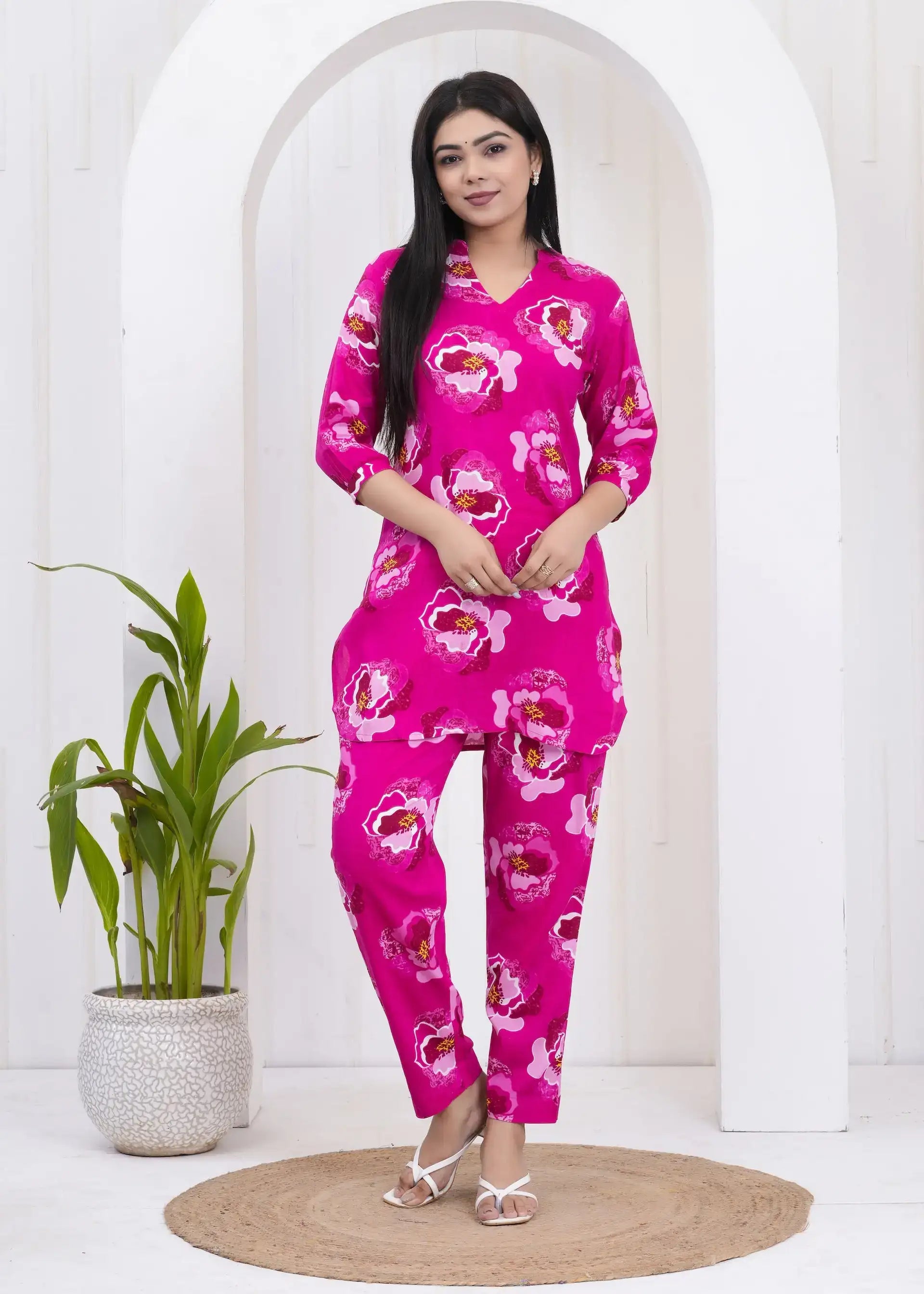 Magenta Floral Printed Co-ord Set with V-Neck Kurta & Straight Pants | Soft Cotton Fabric | Lamenda