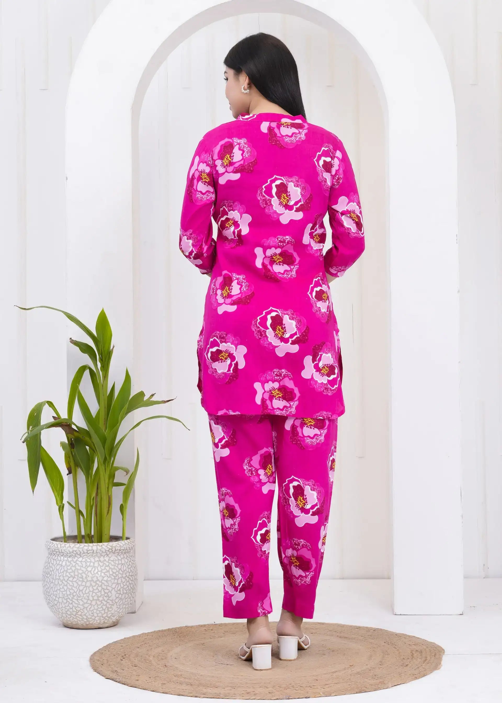 Magenta Floral Printed Co-ord Set with V-Neck Kurta & Straight Pants | Soft Cotton Fabric | Lamenda