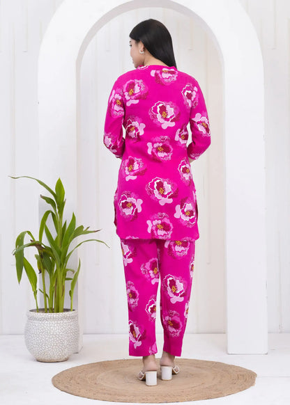 Magenta Floral Printed Co-ord Set with V-Neck Kurta & Straight Pants | Soft Cotton Fabric | Lamenda