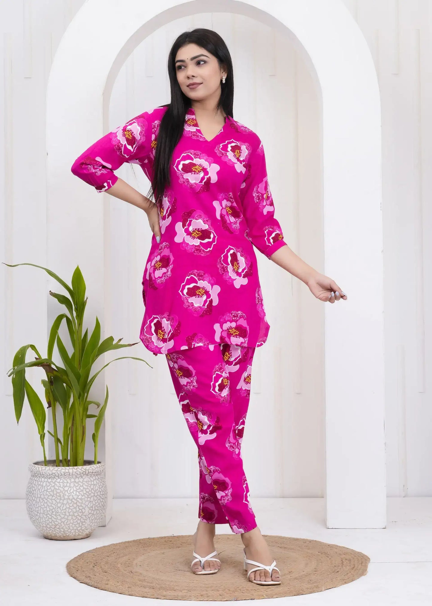 Magenta Floral Printed Co-ord Set with V-Neck Kurta & Straight Pants | Soft Cotton Fabric | Lamenda