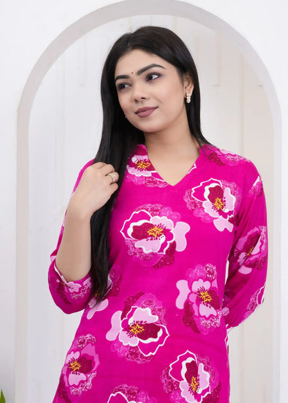 Magenta Floral Printed Co-ord Set with V-Neck Kurta & Straight Pants | Soft Cotton Fabric | Lamenda
