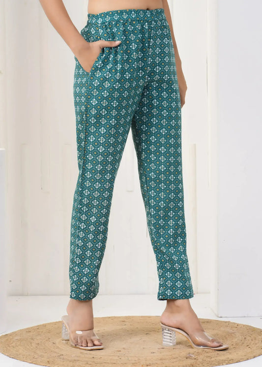 Teal Green Printed Straight Pants with Elastic Waistband | Comfortable Cotton Bottomwear – Lamenda