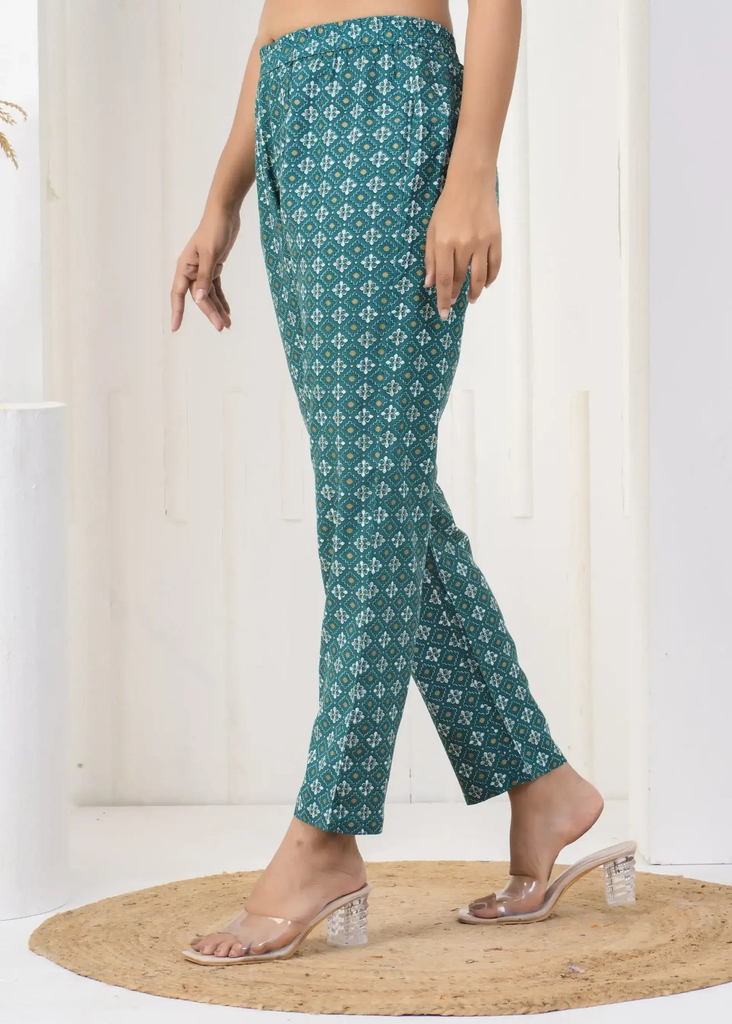Teal Green Printed Straight Pants with Elastic Waistband | Comfortable Cotton Bottomwear – Lamenda