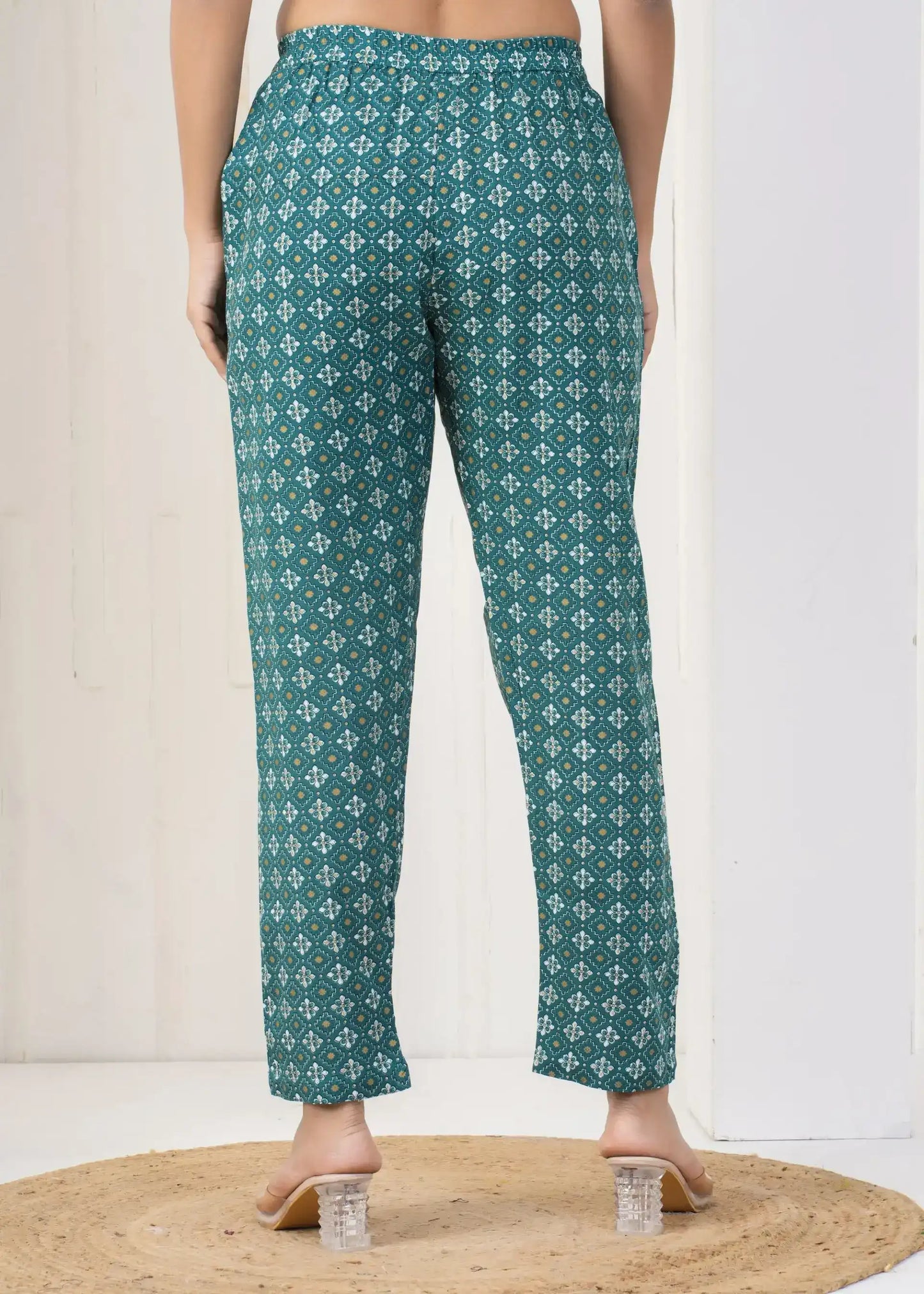 Teal Green Printed Straight Pants with Elastic Waistband | Comfortable Cotton Bottomwear – Lamenda