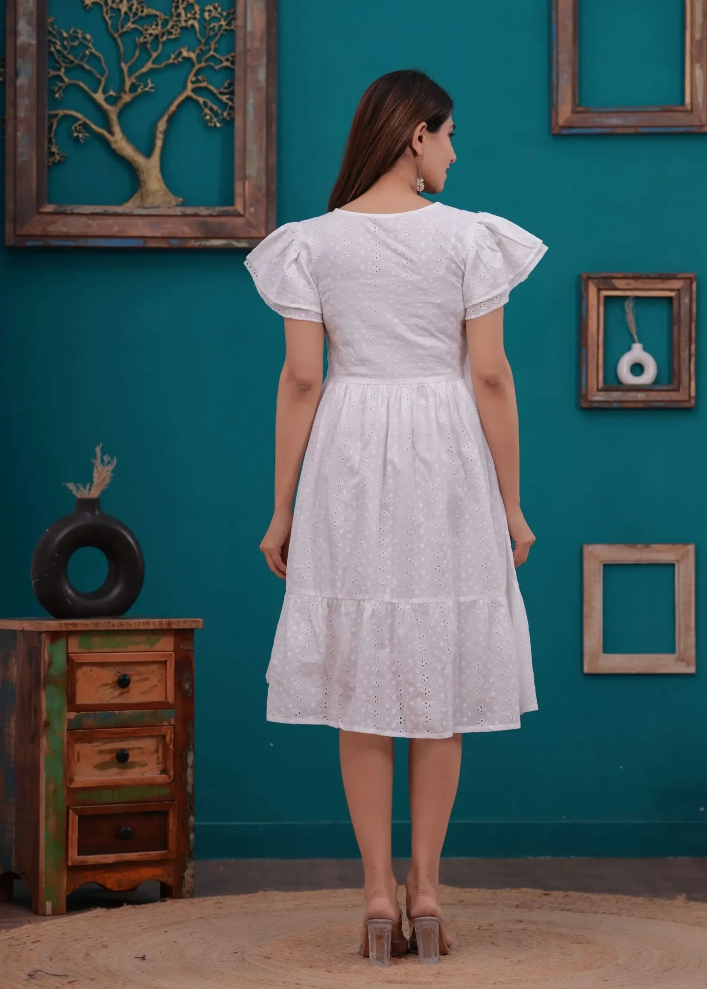 White Embroidered Cotton Eyelet Short Dress for Women | Elegant Summer Outfit – Lamenda