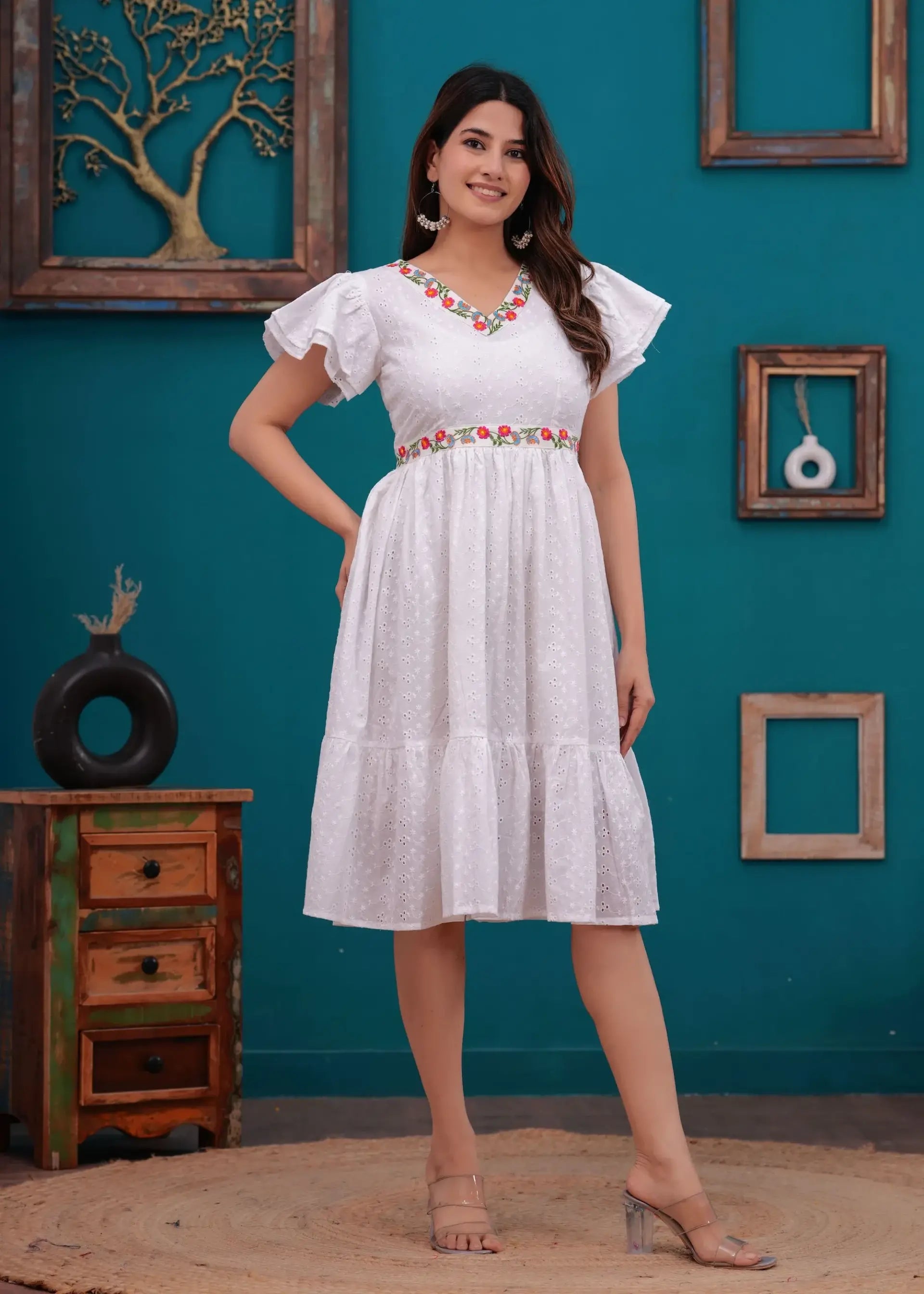 White Embroidered Cotton Eyelet Short Dress for Women | Elegant Summer Outfit – Lamenda