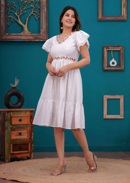 White Embroidered Cotton Eyelet Short Dress for Women | Elegant Summer Outfit – Lamenda