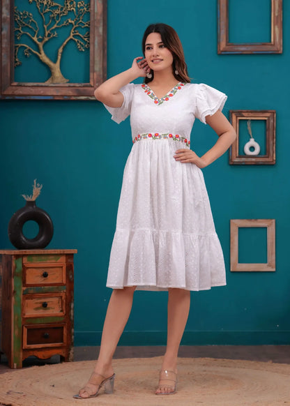 White Embroidered Cotton Eyelet Short Dress for Women | Elegant Summer Outfit – Lamenda
